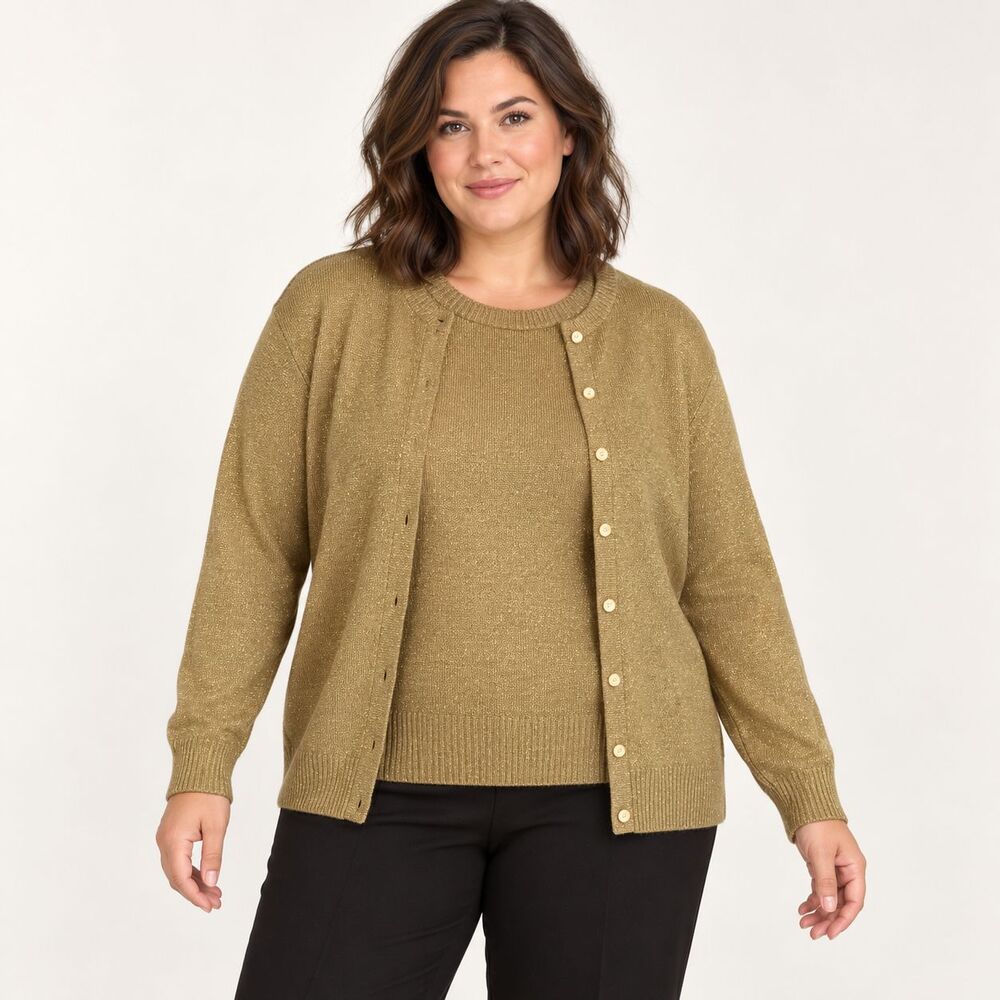Vintage Sue Brett Sweater Twin Set Womens XL Gold Metallic Cardigan Pullover USA
